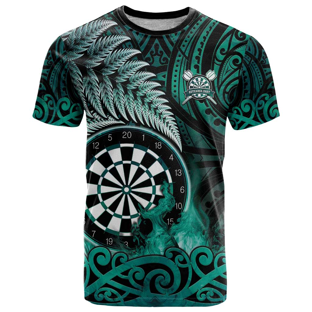 Personalised New Zealand Darts T Shirt Maori Koru Dartboard Turquoise Flame