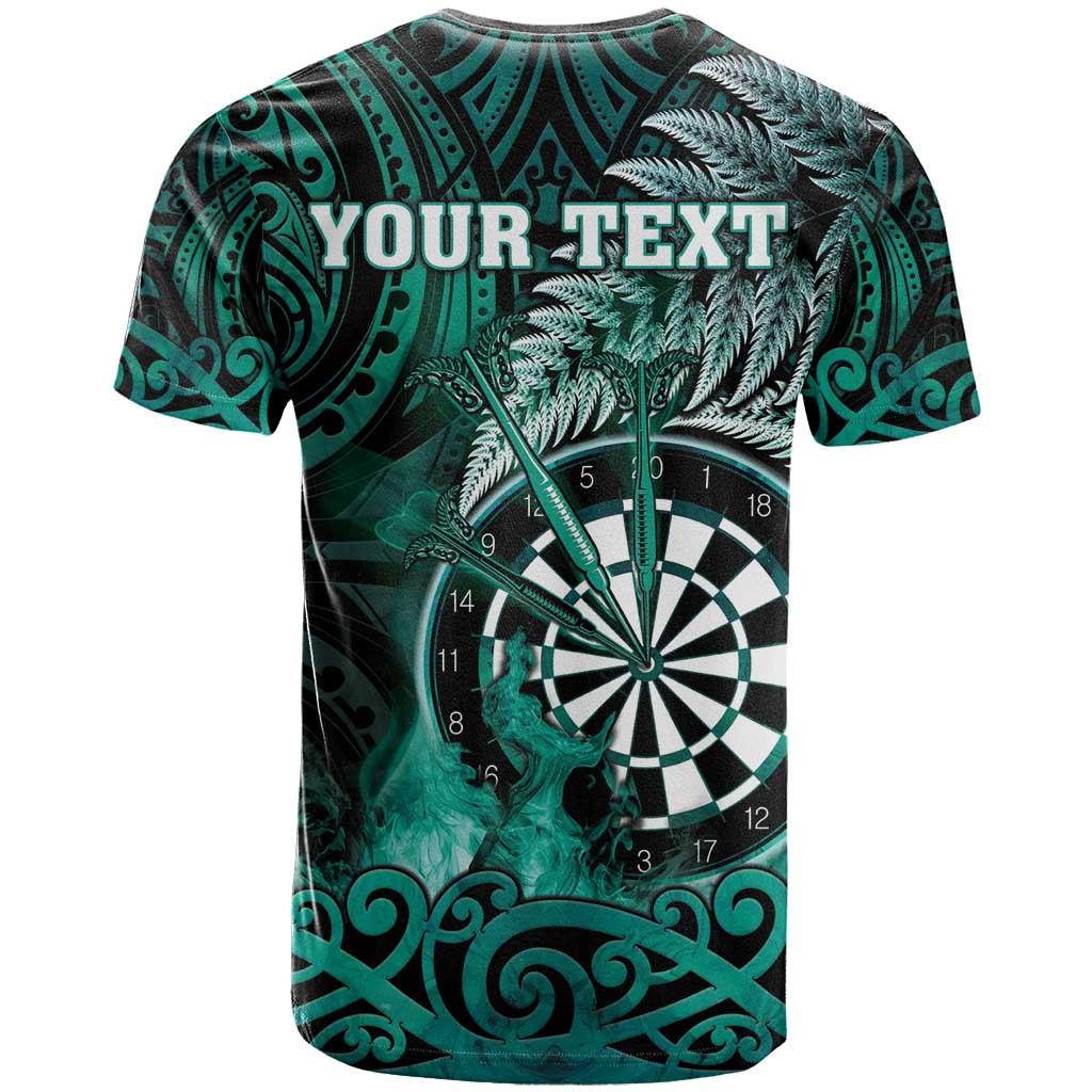 Personalised New Zealand Darts T Shirt Maori Koru Dartboard Turquoise Flame