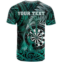 Personalised New Zealand Darts T Shirt Maori Koru Dartboard Turquoise Flame