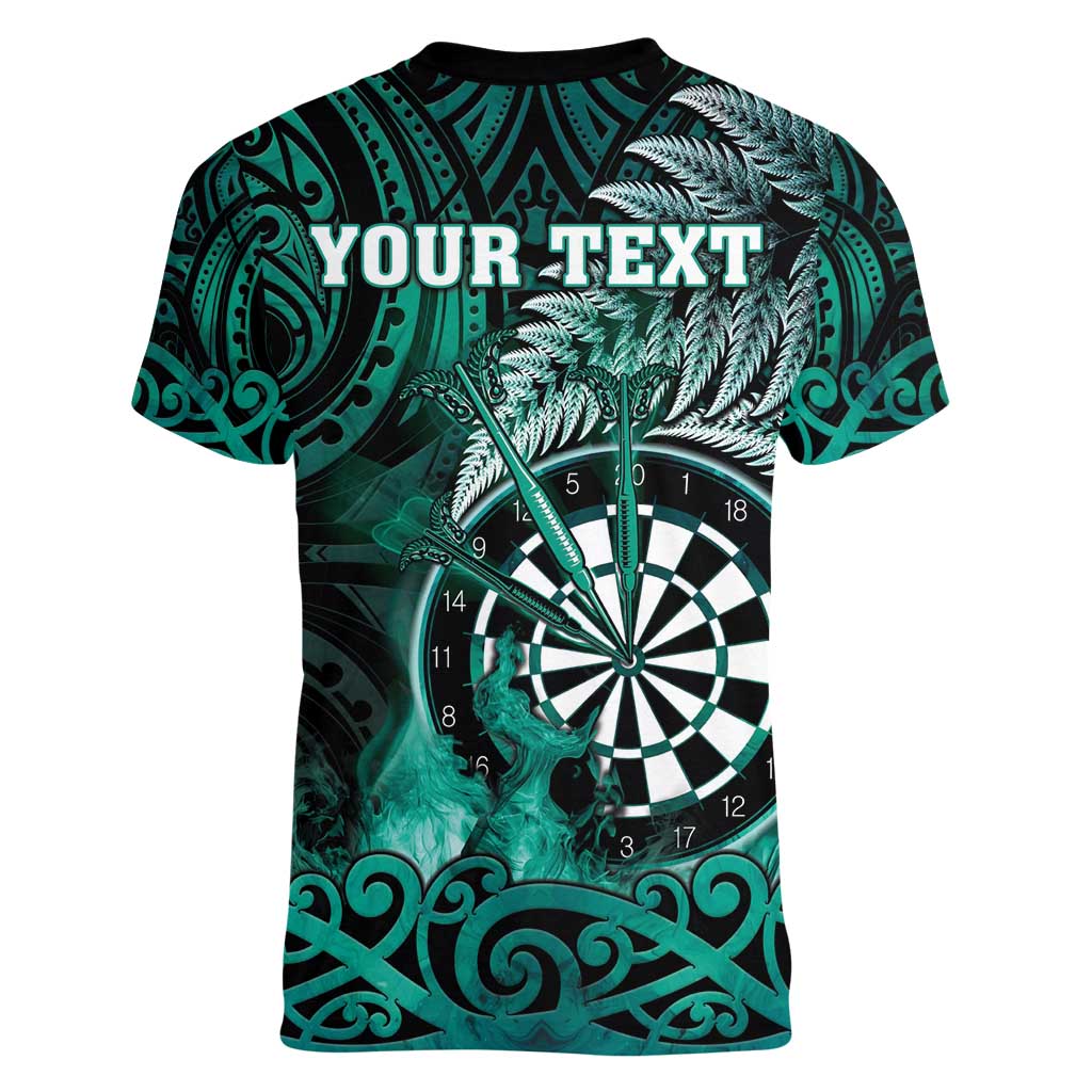 Personalised New Zealand Darts Women V-Neck T-Shirt Maori Koru Dartboard Turquoise Flame