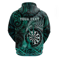 Personalised New Zealand Darts Zip Hoodie Maori Koru Dartboard Turquoise Flame