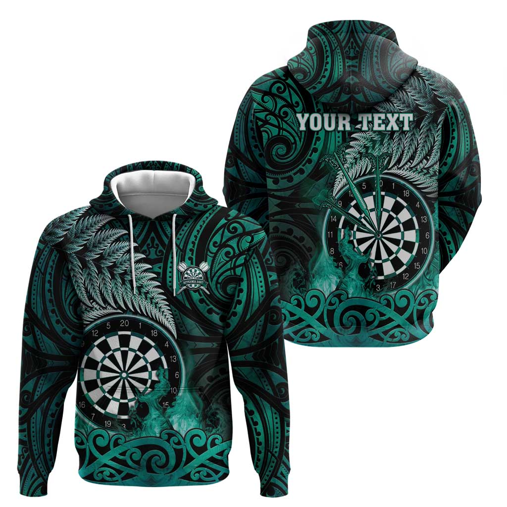 Personalised New Zealand Darts Zip Hoodie Maori Koru Dartboard Turquoise Flame