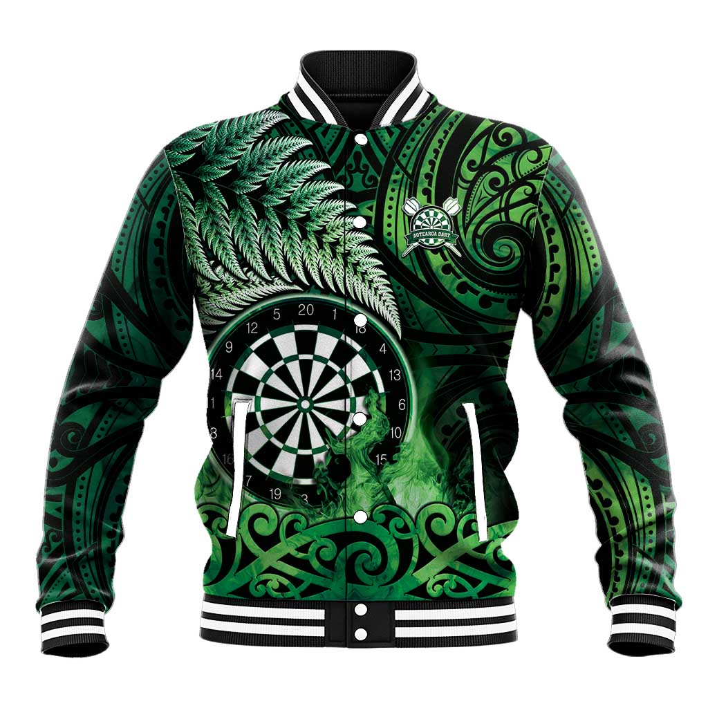 Personalised New Zealand Darts Baseball Jacket Maori Koru Dartboard Green Flame