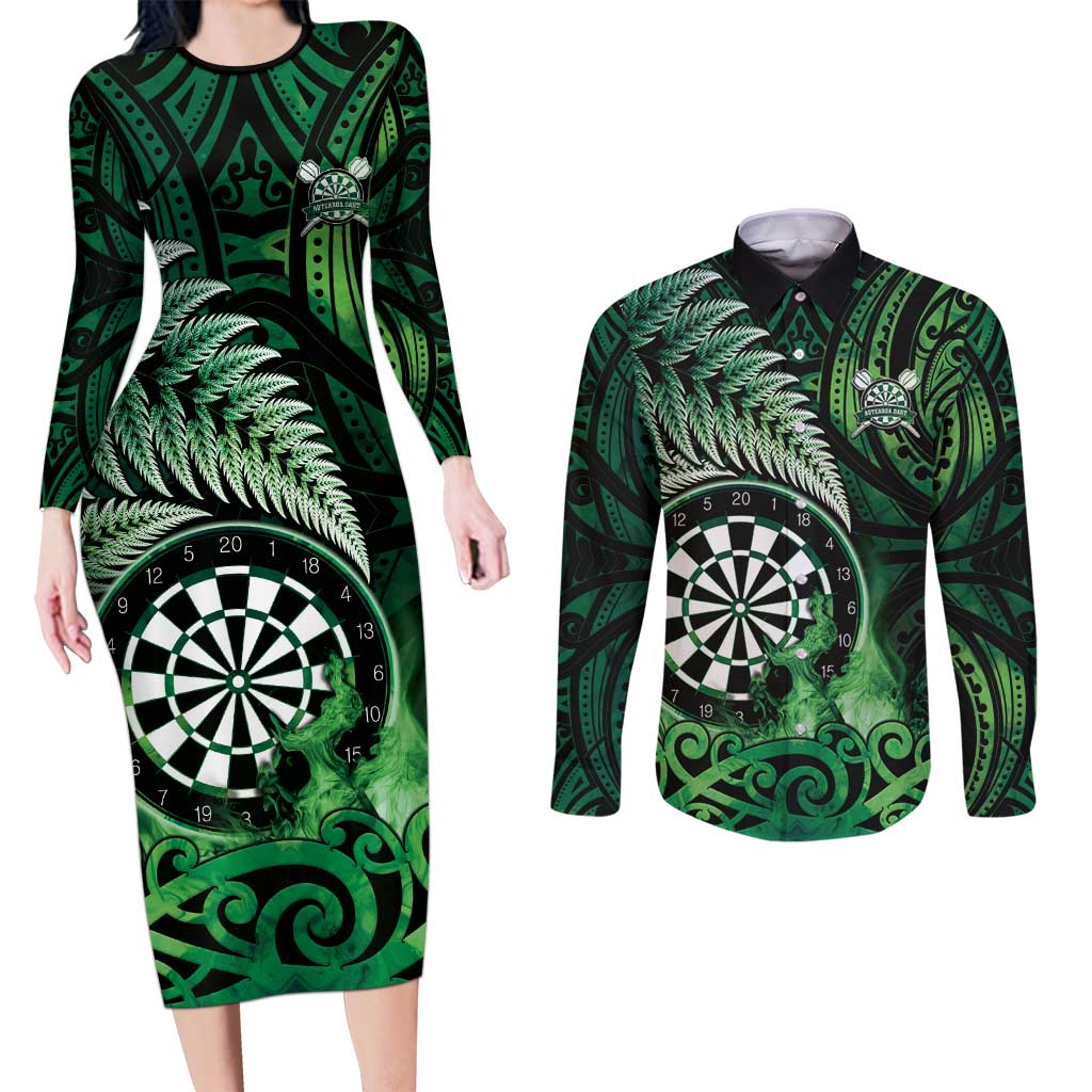 Personalised New Zealand Darts Couples Matching Long Sleeve Bodycon Dress and Long Sleeve Button Shirt Maori Koru Dartboard Green Flame