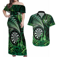 Personalised New Zealand Darts Couples Matching Off Shoulder Maxi Dress and Hawaiian Shirt Maori Koru Dartboard Green Flame