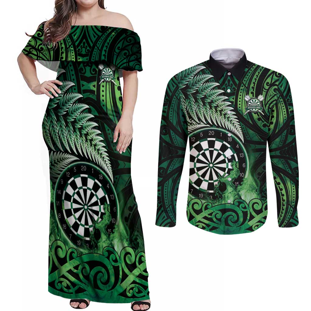 Personalised New Zealand Darts Couples Matching Off Shoulder Maxi Dress and Long Sleeve Button Shirt Maori Koru Dartboard Green Flame