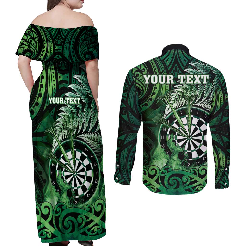 Personalised New Zealand Darts Couples Matching Off Shoulder Maxi Dress and Long Sleeve Button Shirt Maori Koru Dartboard Green Flame