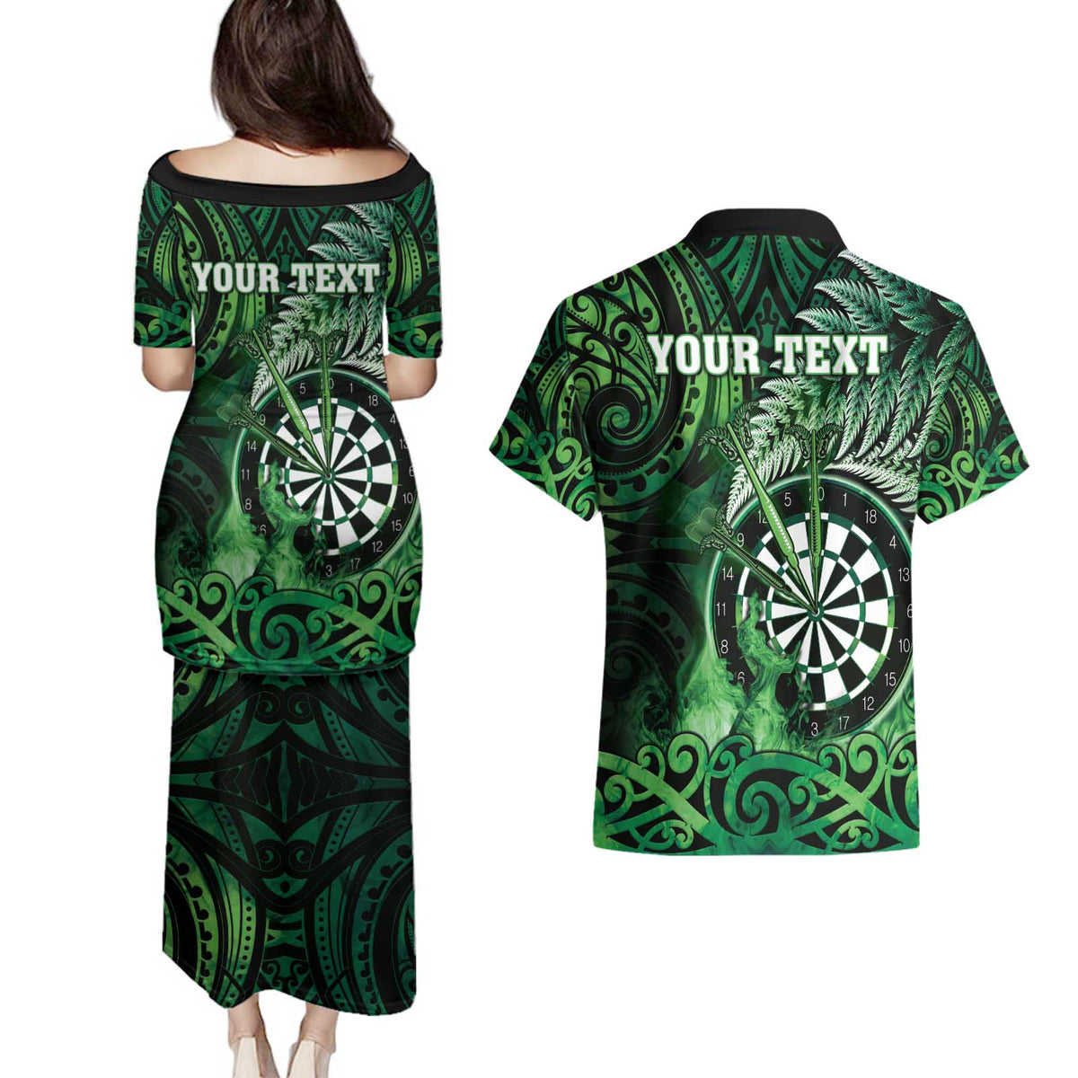 Personalised New Zealand Darts Couples Matching Puletasi and Hawaiian Shirt Maori Koru Dartboard Green Flame