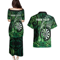 Personalised New Zealand Darts Couples Matching Puletasi and Hawaiian Shirt Maori Koru Dartboard Green Flame