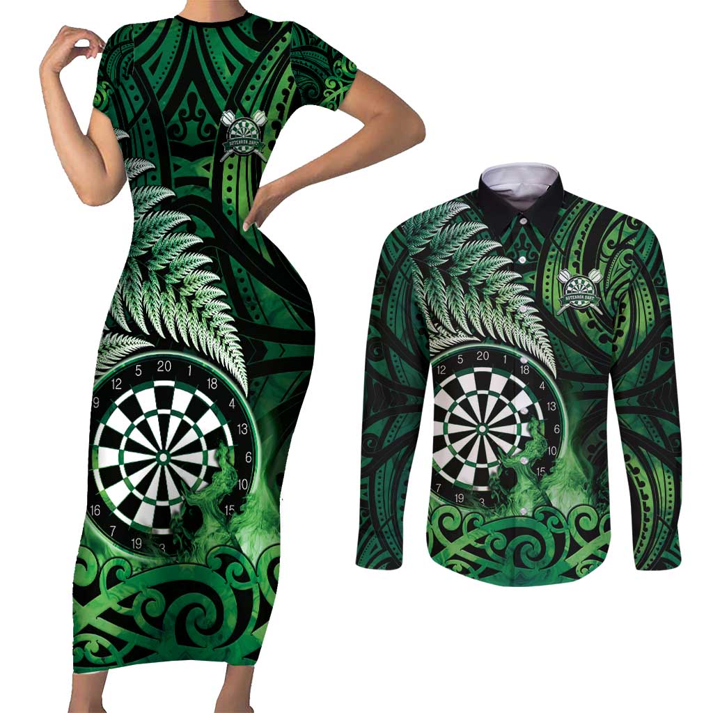 Personalised New Zealand Darts Couples Matching Short Sleeve Bodycon Dress and Long Sleeve Button Shirt Maori Koru Dartboard Green Flame