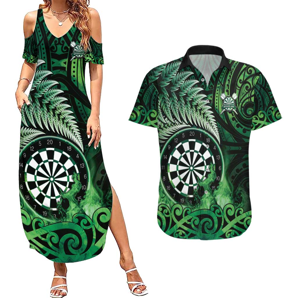 Personalised New Zealand Darts Couples Matching Summer Maxi Dress and Hawaiian Shirt Maori Koru Dartboard Green Flame