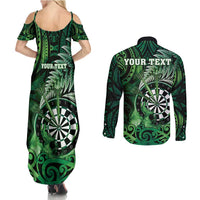 Personalised New Zealand Darts Couples Matching Summer Maxi Dress and Long Sleeve Button Shirt Maori Koru Dartboard Green Flame