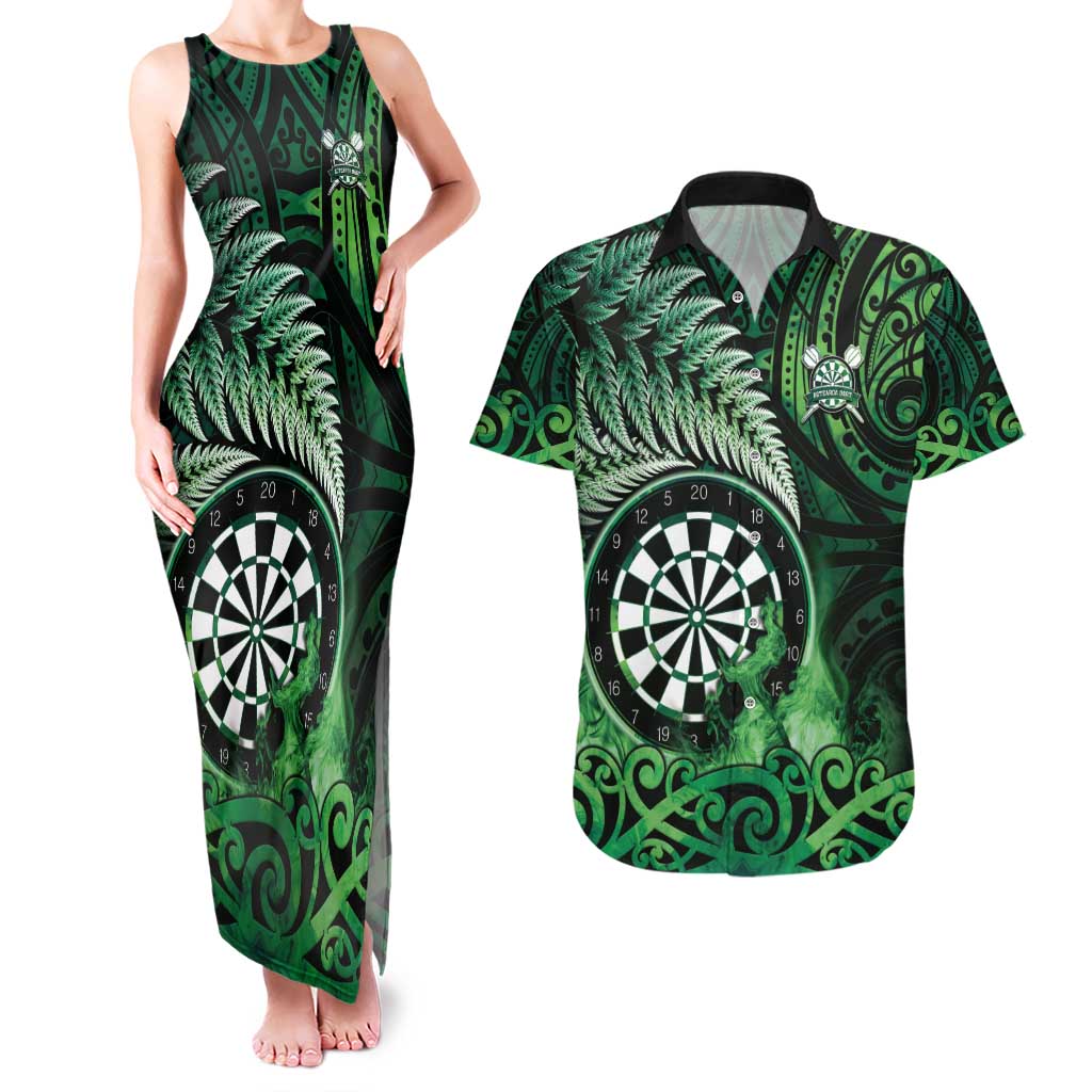 Personalised New Zealand Darts Couples Matching Tank Maxi Dress and Hawaiian Shirt Maori Koru Dartboard Green Flame