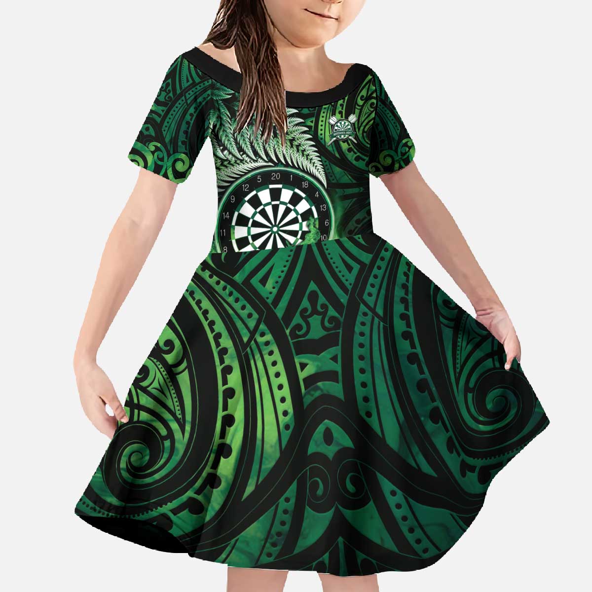 Personalised New Zealand Darts Family Matching Off The Shoulder Long Sleeve Dress and Hawaiian Shirt Maori Koru Dartboard Green Flame