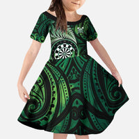 Personalised New Zealand Darts Family Matching Off The Shoulder Long Sleeve Dress and Hawaiian Shirt Maori Koru Dartboard Green Flame