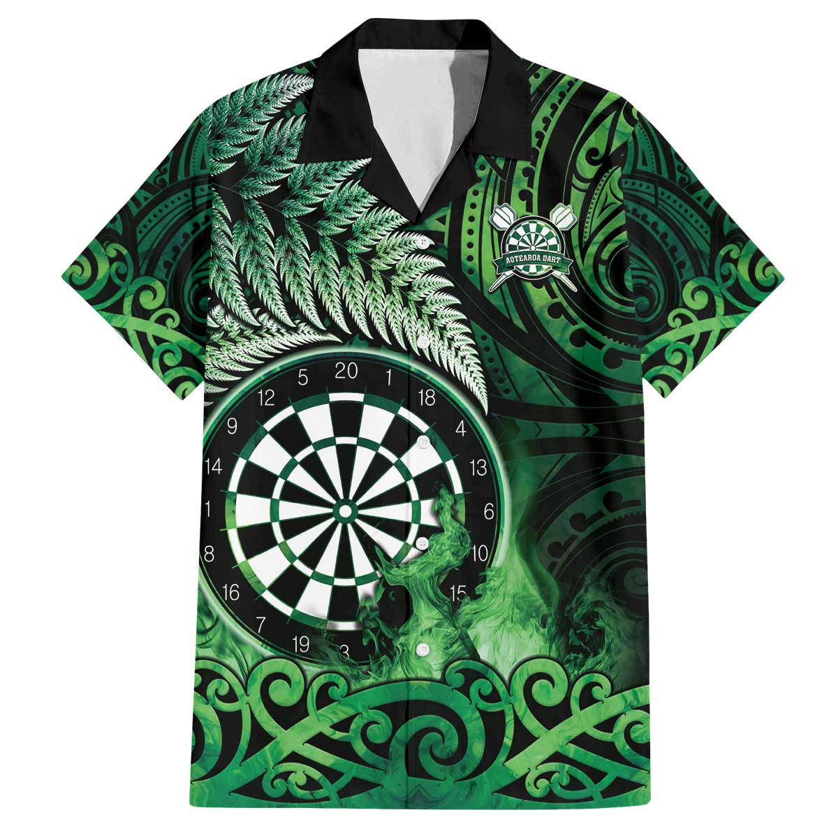 Personalised New Zealand Darts Family Matching Off The Shoulder Long Sleeve Dress and Hawaiian Shirt Maori Koru Dartboard Green Flame