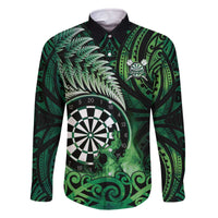 Personalised New Zealand Darts Family Matching Off The Shoulder Long Sleeve Dress and Hawaiian Shirt Maori Koru Dartboard Green Flame