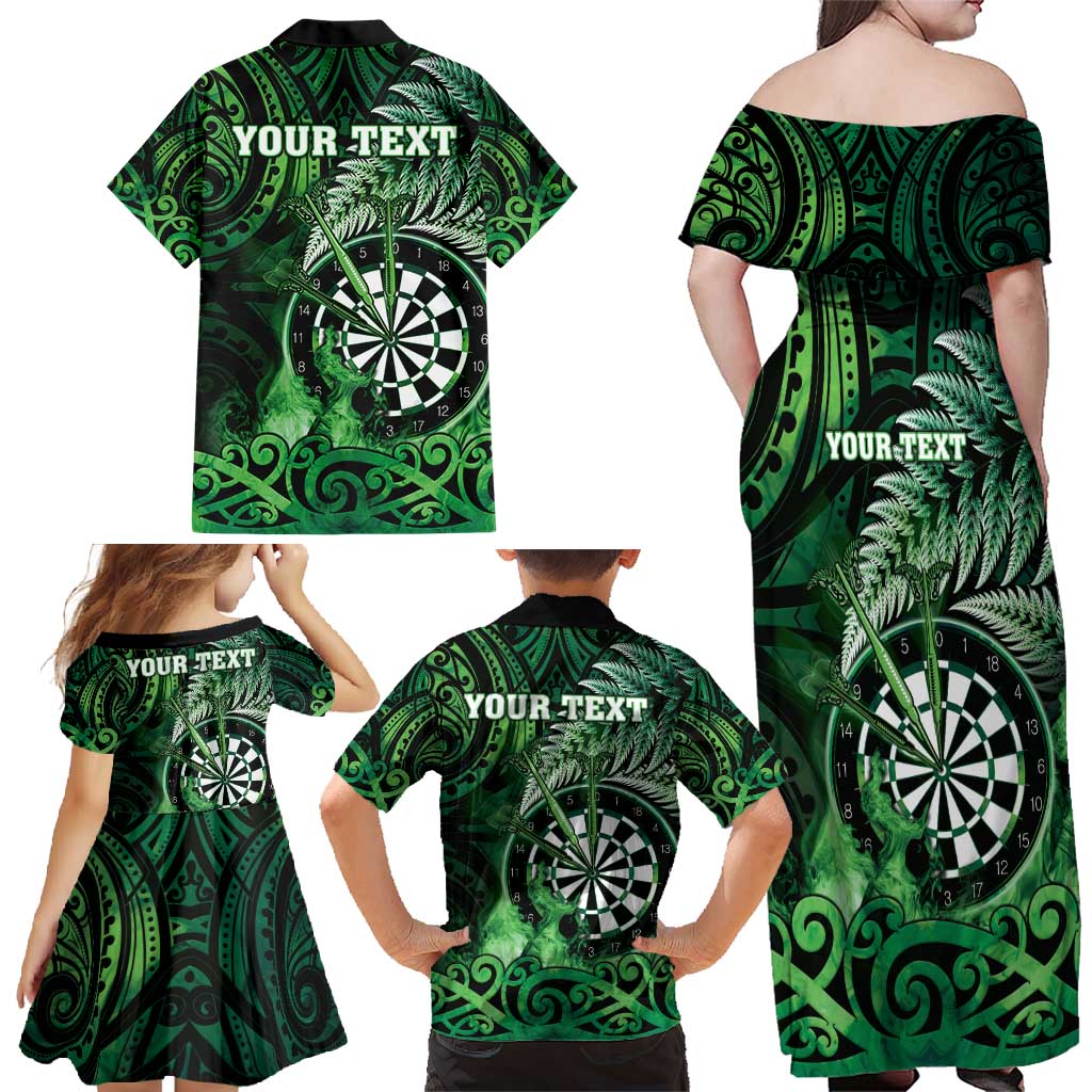 Personalised New Zealand Darts Family Matching Off Shoulder Maxi Dress and Hawaiian Shirt Maori Koru Dartboard Green Flame