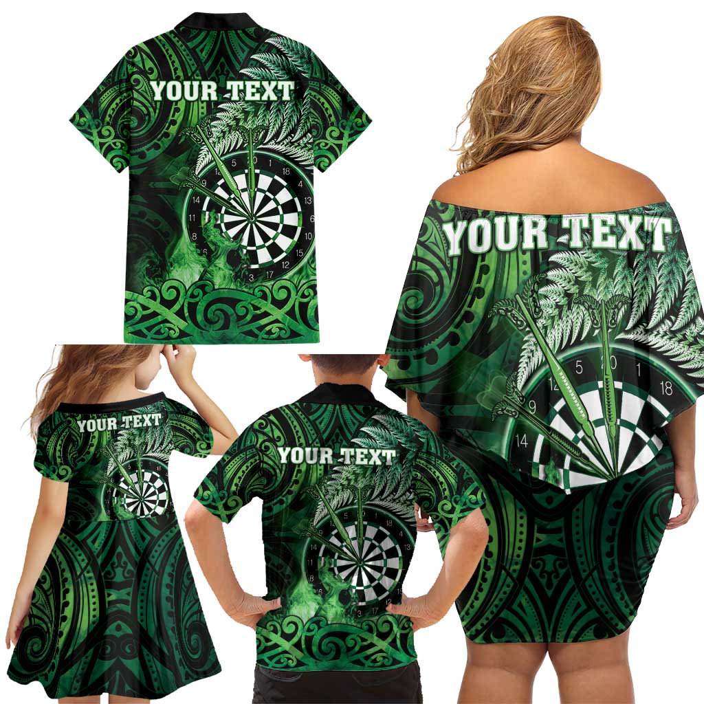 Personalised New Zealand Darts Family Matching Off Shoulder Short Dress and Hawaiian Shirt Maori Koru Dartboard Green Flame