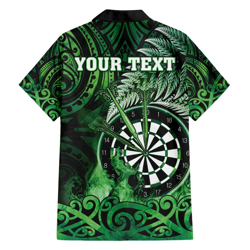 Personalised New Zealand Darts Family Matching Short Sleeve Bodycon Dress and Hawaiian Shirt Maori Koru Dartboard Green Flame