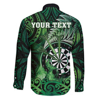 Personalised New Zealand Darts Family Matching Short Sleeve Bodycon Dress and Hawaiian Shirt Maori Koru Dartboard Green Flame