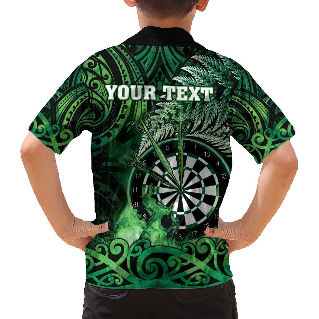 Personalised New Zealand Darts Hawaiian Shirt Maori Koru Dartboard Green Flame