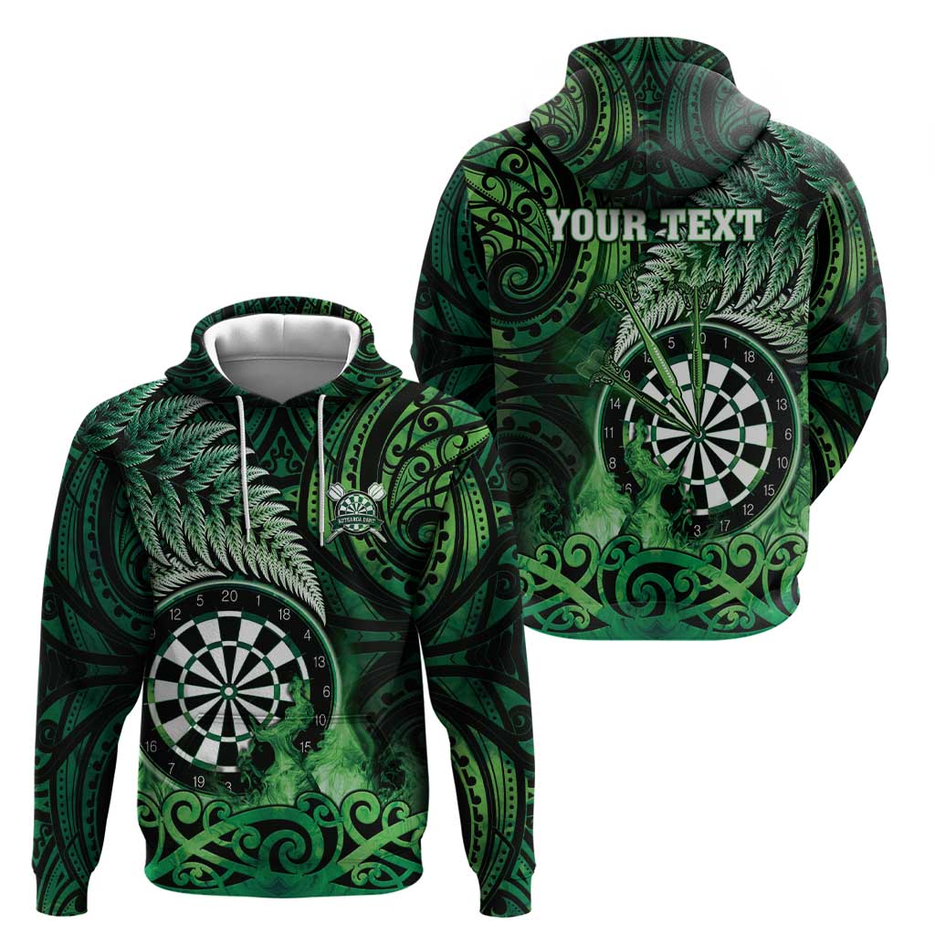 Personalised New Zealand Darts Hoodie Maori Koru Dartboard Green Flame