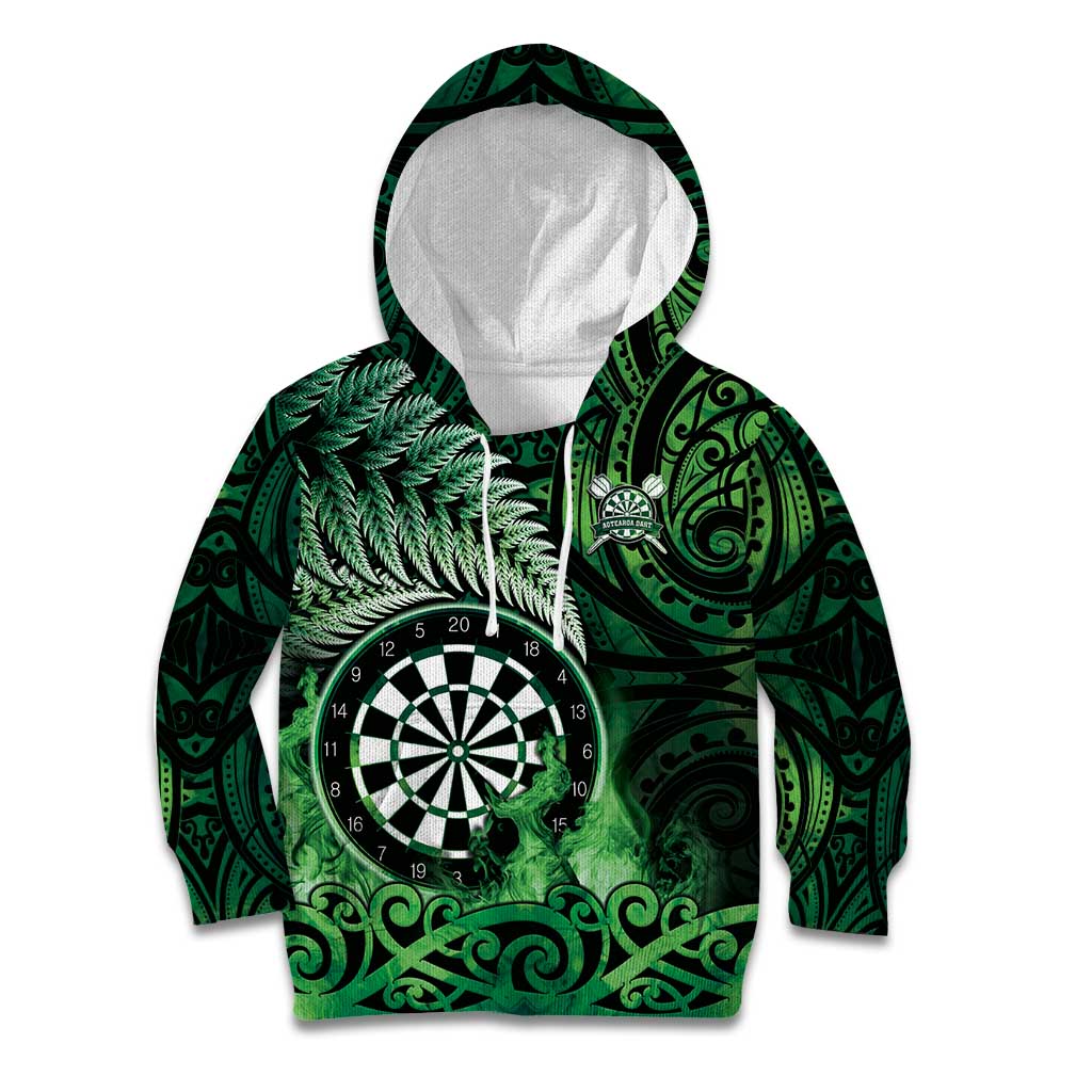 Personalised New Zealand Darts Kid Hoodie Maori Koru Dartboard Green Flame