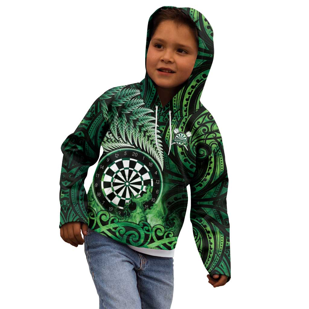 Personalised New Zealand Darts Kid Hoodie Maori Koru Dartboard Green Flame