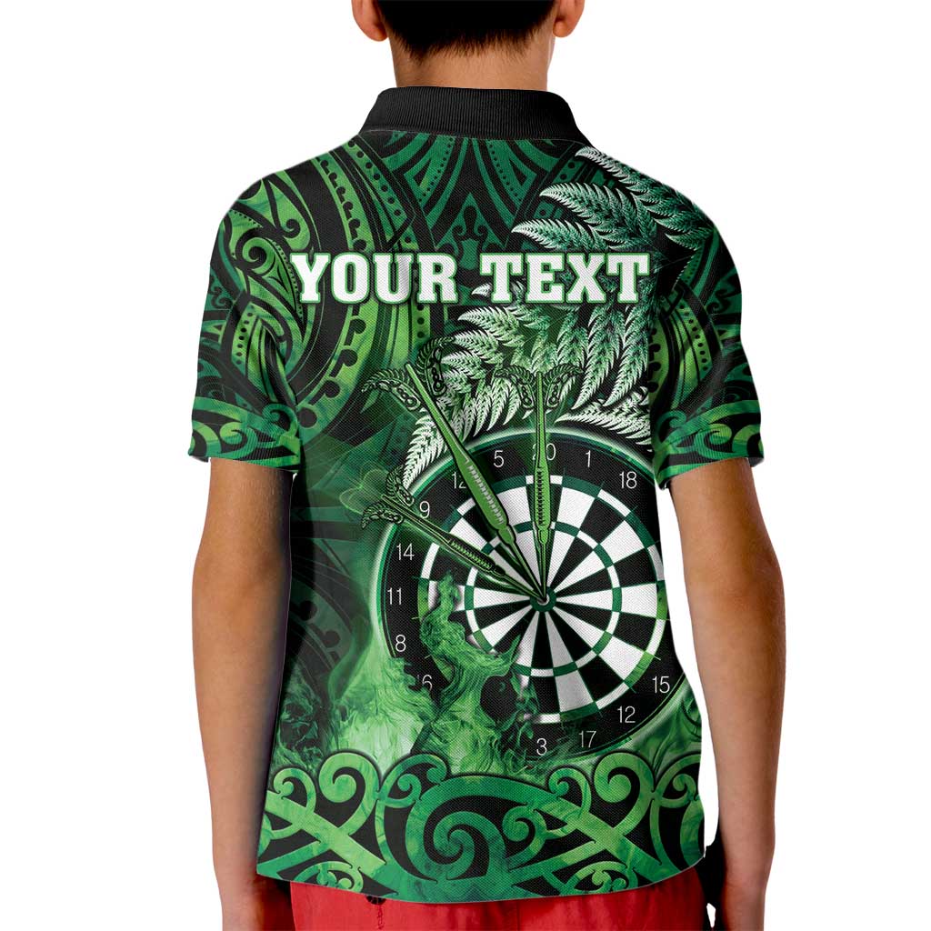 Personalised New Zealand Darts Kid Polo Shirt Maori Koru Dartboard Green Flame