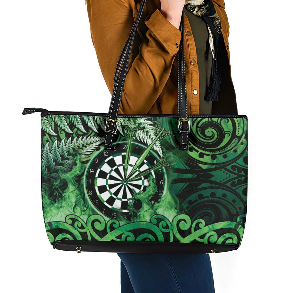 New Zealand Darts Leather Tote Bag Maori Koru Dartboard Green Flame