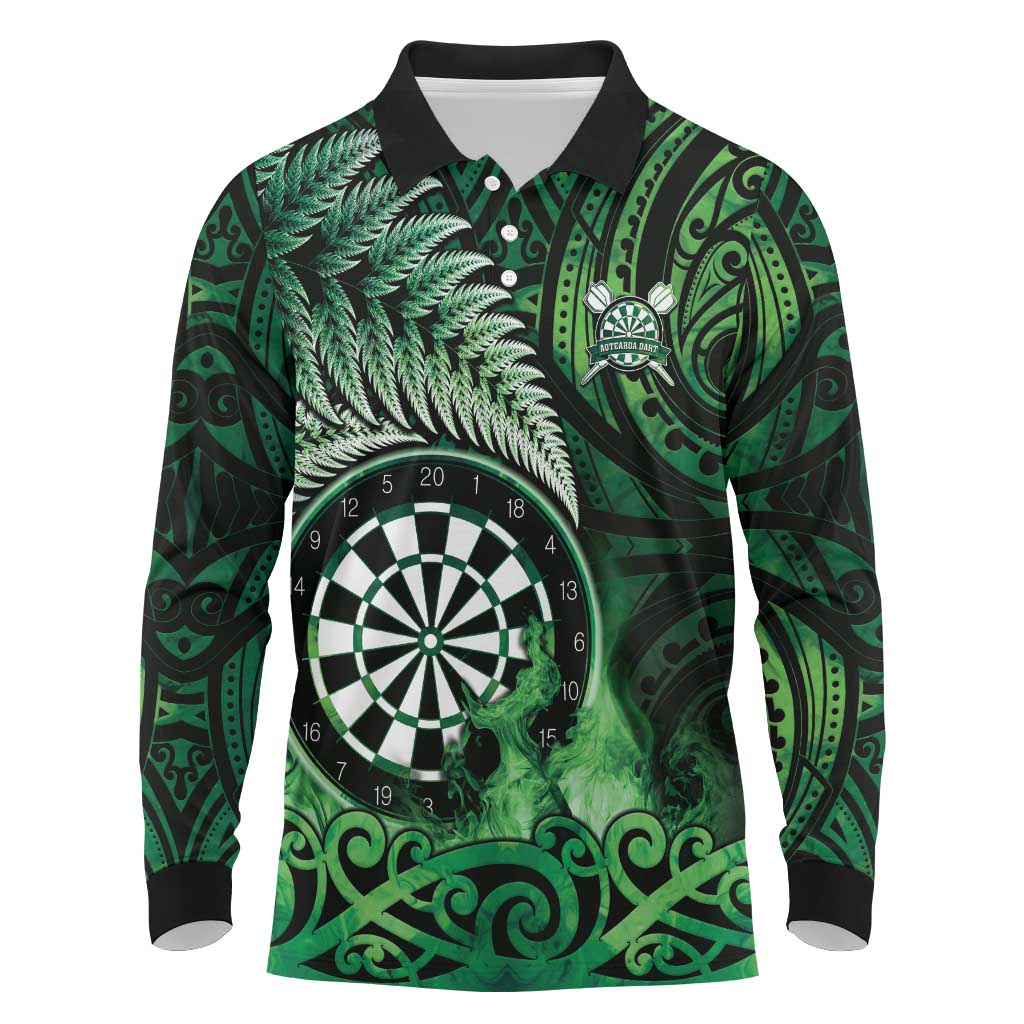 Personalised New Zealand Darts Long Sleeve Polo Shirt Maori Koru Dartboard Green Flame