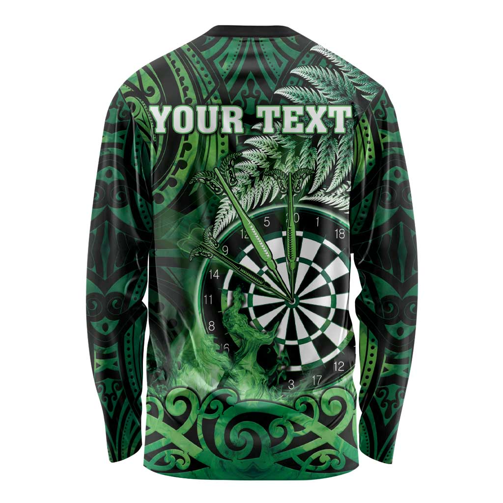 Personalised New Zealand Darts Long Sleeve Shirt Maori Koru Dartboard Green Flame