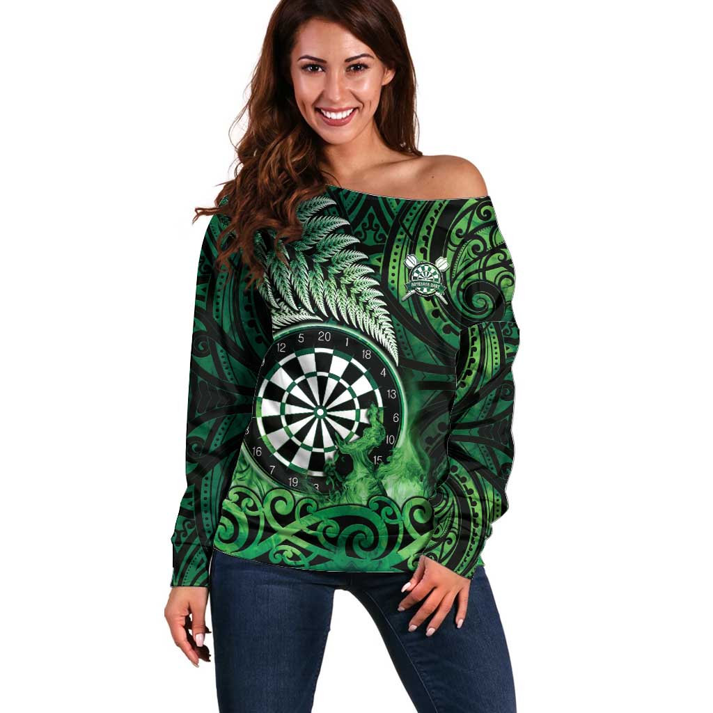 Personalised New Zealand Darts Off Shoulder Sweater Maori Koru Dartboard Green Flame