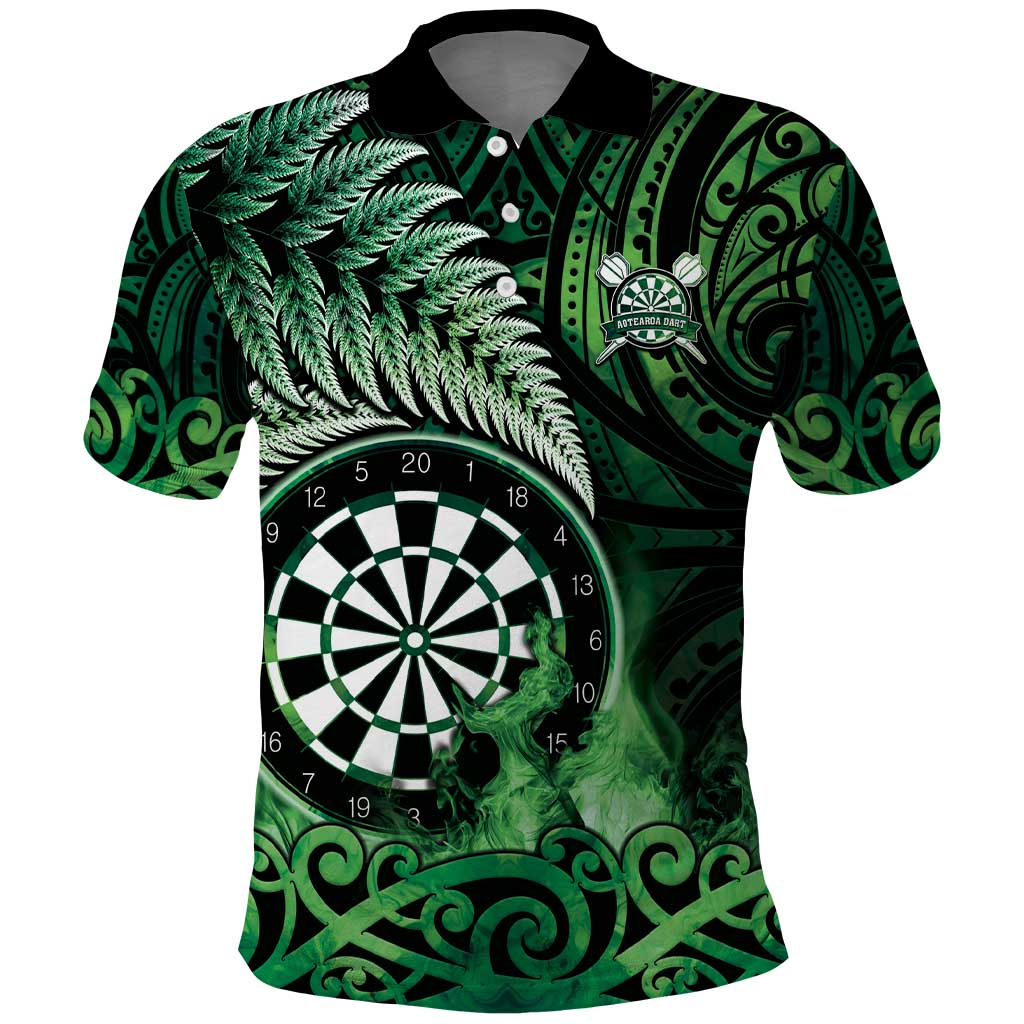 Personalised New Zealand Darts Polo Shirt Maori Koru Dartboard Green Flame
