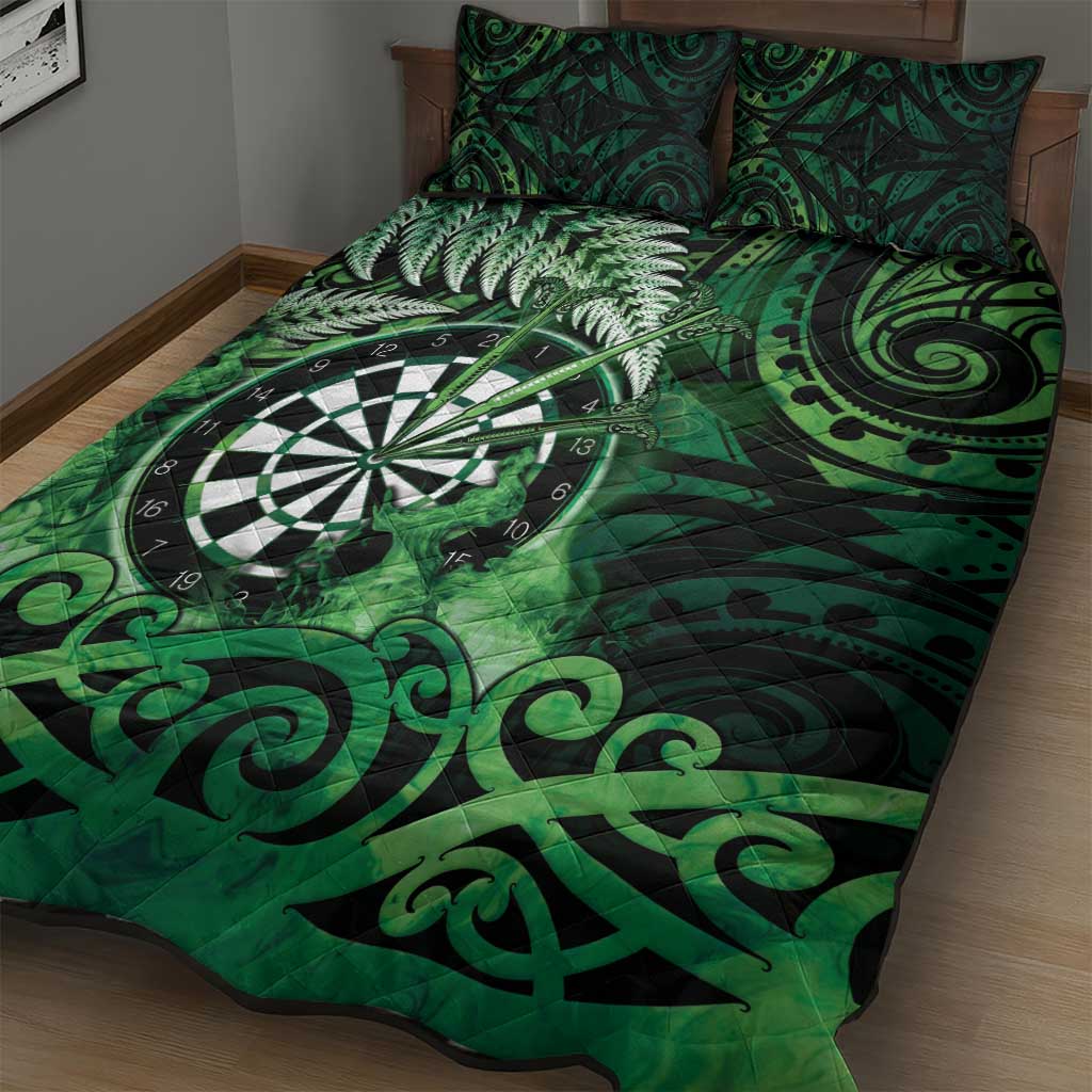 New Zealand Darts Quilt Bed Set Maori Koru Dartboard Green Flame