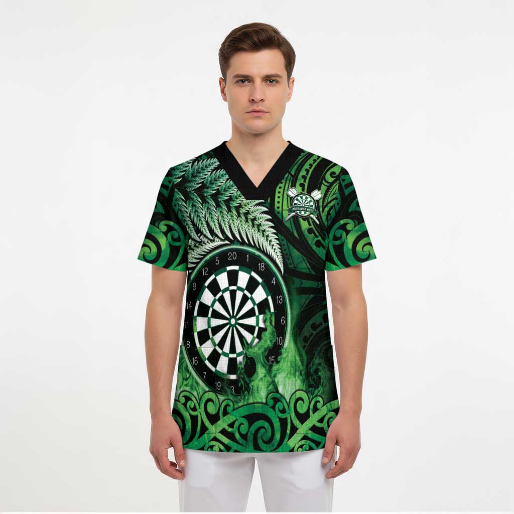 Personalised New Zealand Darts Scrub Top Maori Koru Dartboard Green Flame - Polynesian Pride