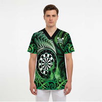 Personalised New Zealand Darts Scrub Top Maori Koru Dartboard Green Flame - Polynesian Pride