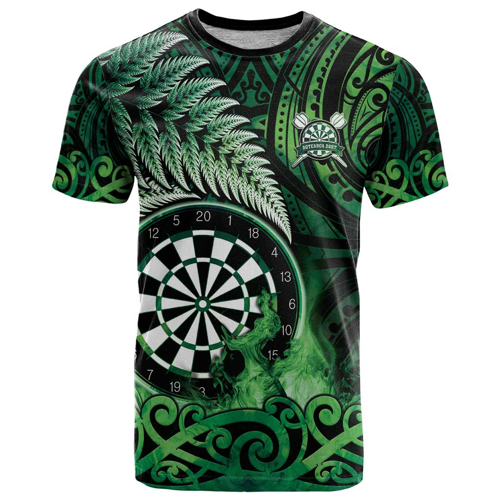 Personalised New Zealand Darts T Shirt Maori Koru Dartboard Green Flame