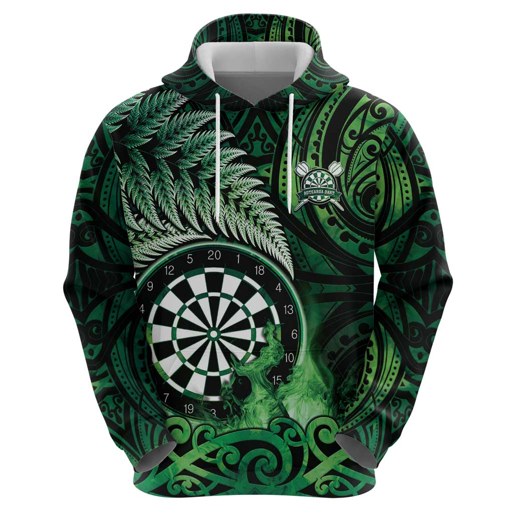 Personalised New Zealand Darts Zip Hoodie Maori Koru Dartboard Green Flame