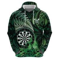 Personalised New Zealand Darts Zip Hoodie Maori Koru Dartboard Green Flame