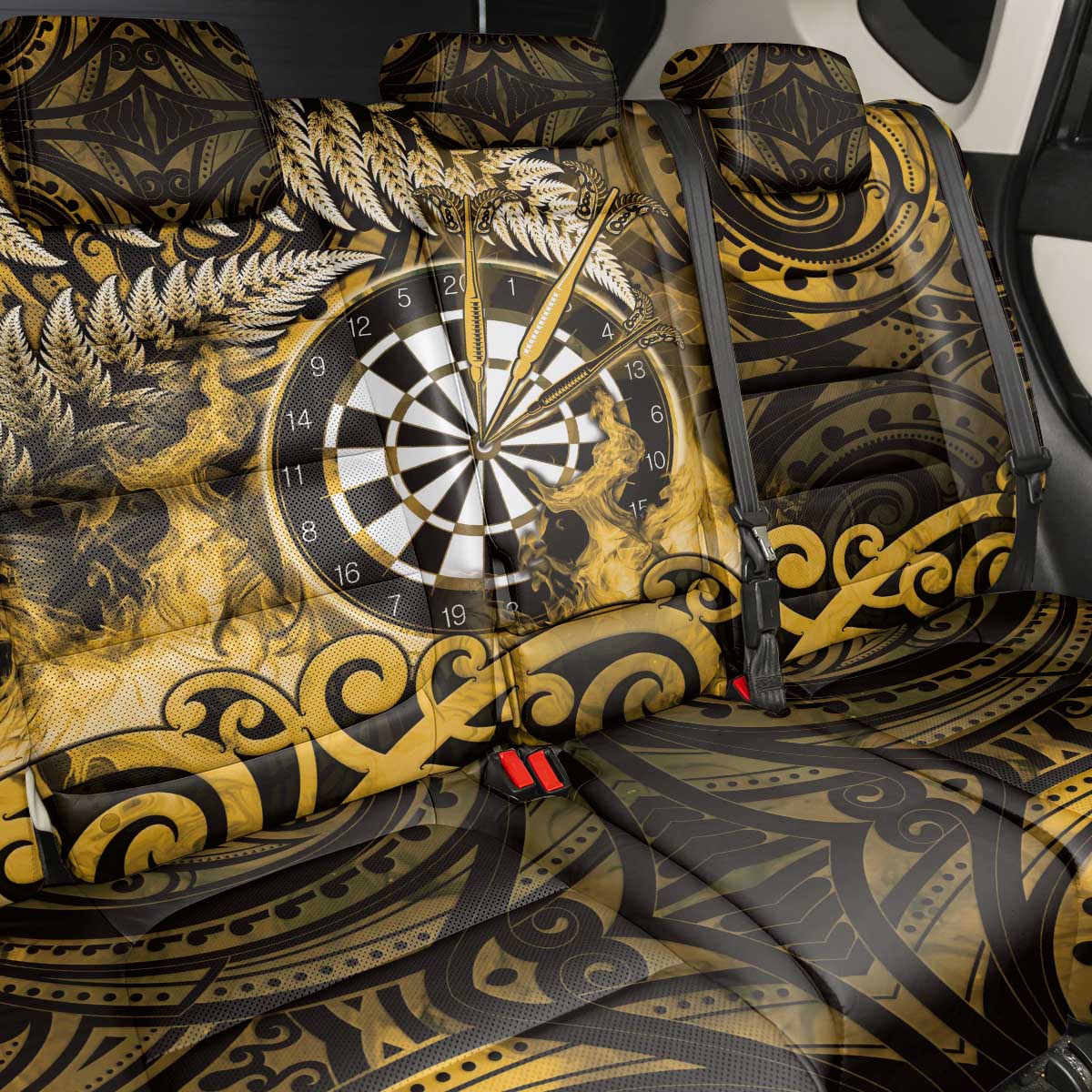 New Zealand Darts Back Car Seat Cover Maori Koru Dartboard Gold Flame