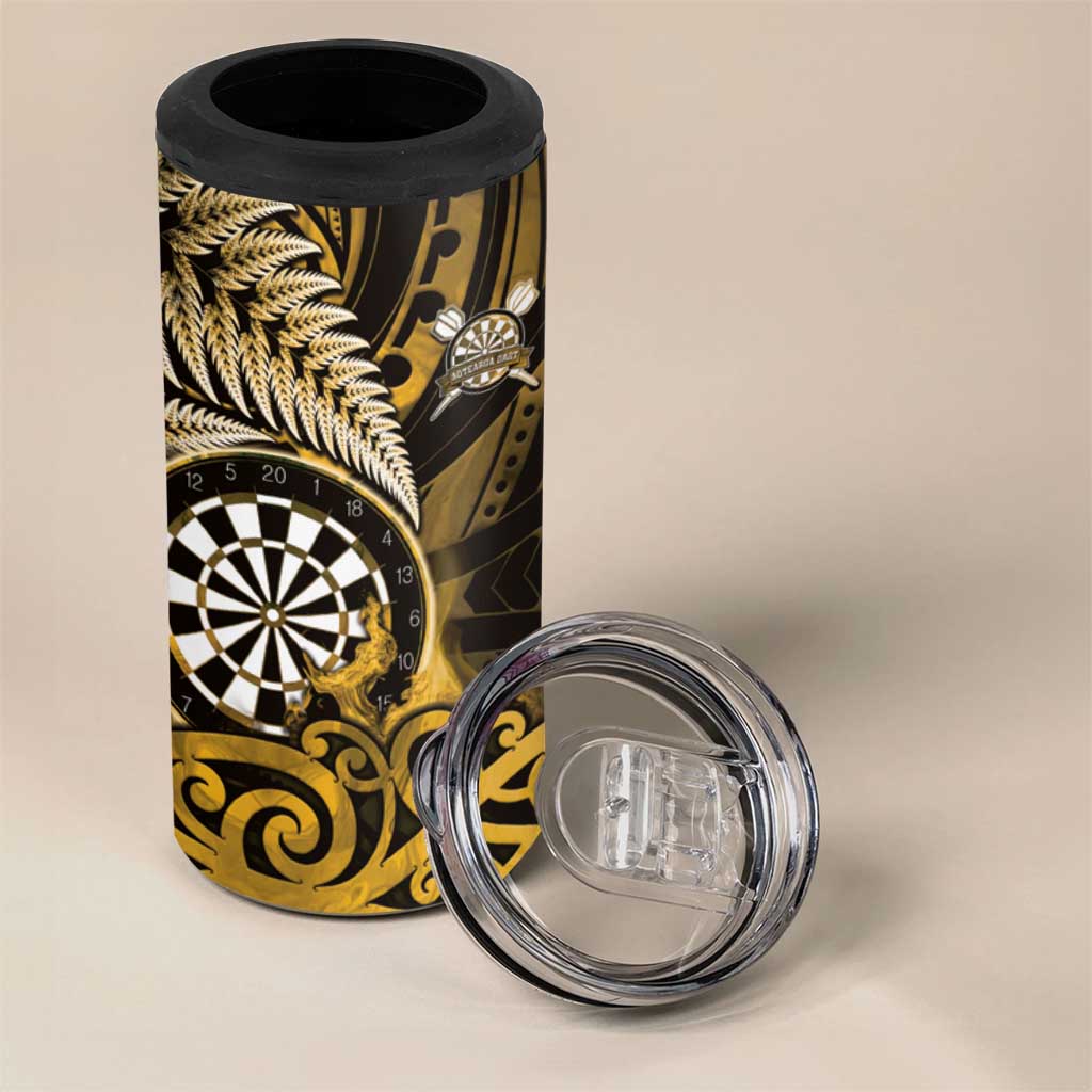 Personalised New Zealand Darts 4 in 1 Can Cooler Tumbler Maori Koru Dartboard Gold Flame