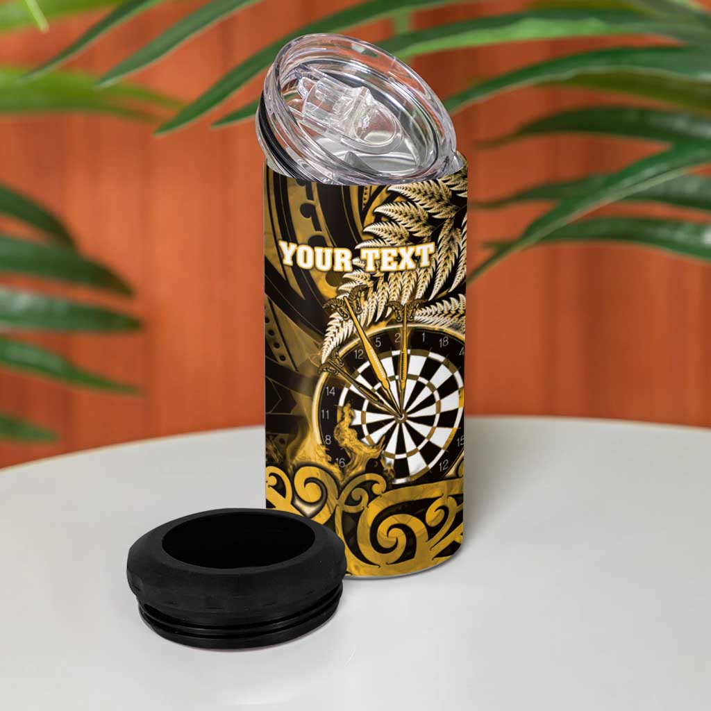 Personalised New Zealand Darts 4 in 1 Can Cooler Tumbler Maori Koru Dartboard Gold Flame