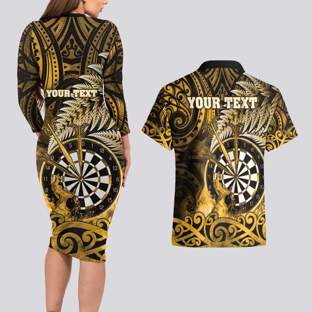 Personalised New Zealand Darts Couples Matching Long Sleeve Bodycon Dress and Hawaiian Shirt Maori Koru Dartboard Gold Flame