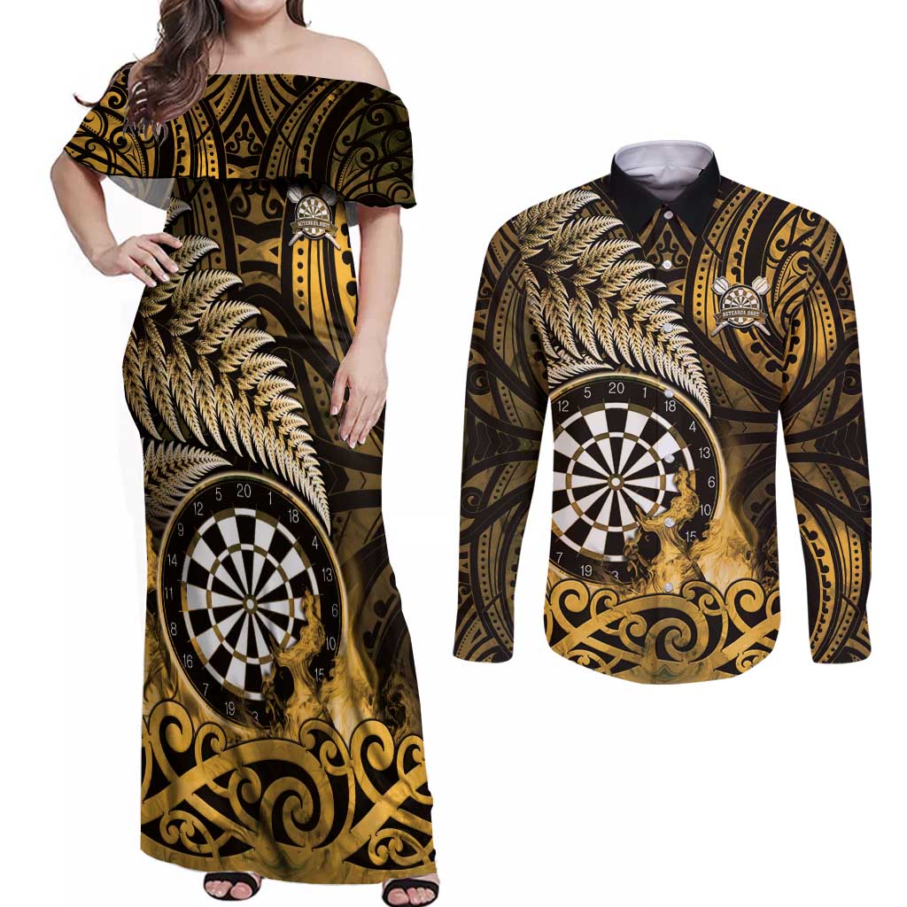 Personalised New Zealand Darts Couples Matching Off Shoulder Maxi Dress and Long Sleeve Button Shirt Maori Koru Dartboard Gold Flame