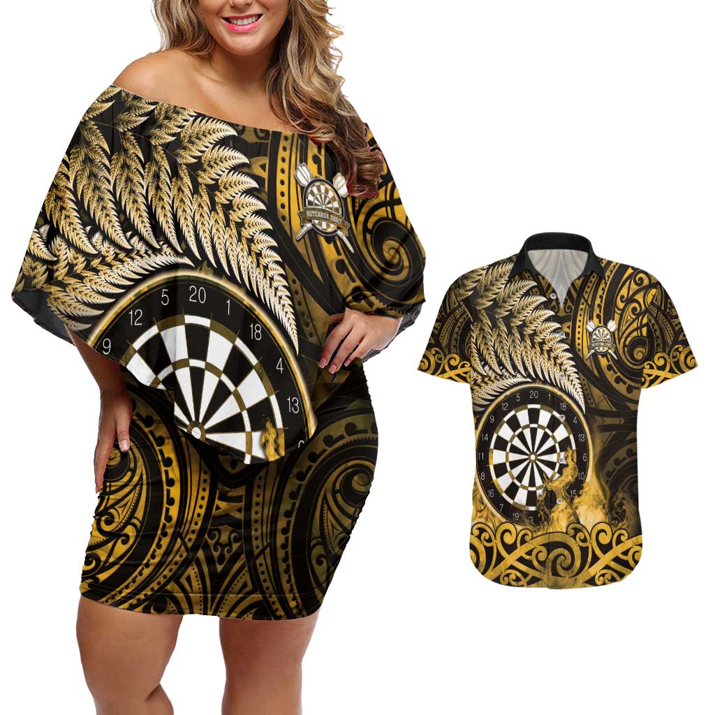 Personalised New Zealand Darts Couples Matching Off Shoulder Short Dress and Hawaiian Shirt Maori Koru Dartboard Gold Flame