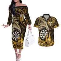Personalised New Zealand Darts Couples Matching Off The Shoulder Long Sleeve Dress and Hawaiian Shirt Maori Koru Dartboard Gold Flame