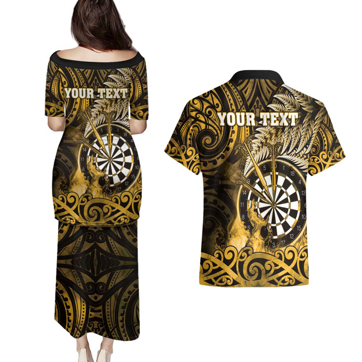 Personalised New Zealand Darts Couples Matching Puletasi and Hawaiian Shirt Maori Koru Dartboard Gold Flame