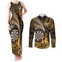 Personalised New Zealand Darts Couples Matching Tank Maxi Dress and Long Sleeve Button Shirt Maori Koru Dartboard Gold Flame
